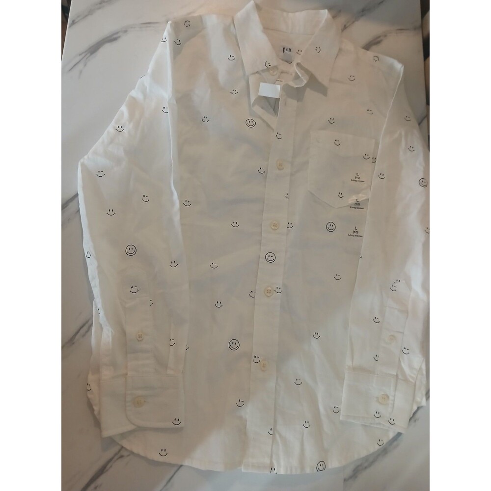 GAP Kids Smiley Face White Graphic Print Long Sleeve Button-Up Shirt Large